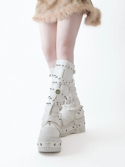 Platform Knee-Length Sole Accents Cross - White Punk with Boots