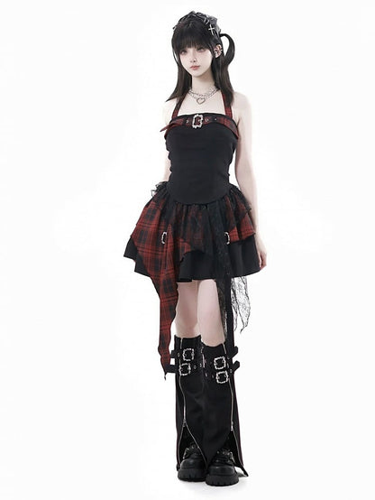 Plaid Adjustable Idol with Red/Black Top Black Panel Cami Y2K - Buckle Self-Tie Halter