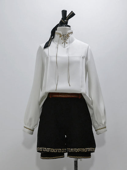 Chinoiserie Stand Ouji Shirt Lace-up Collar White
