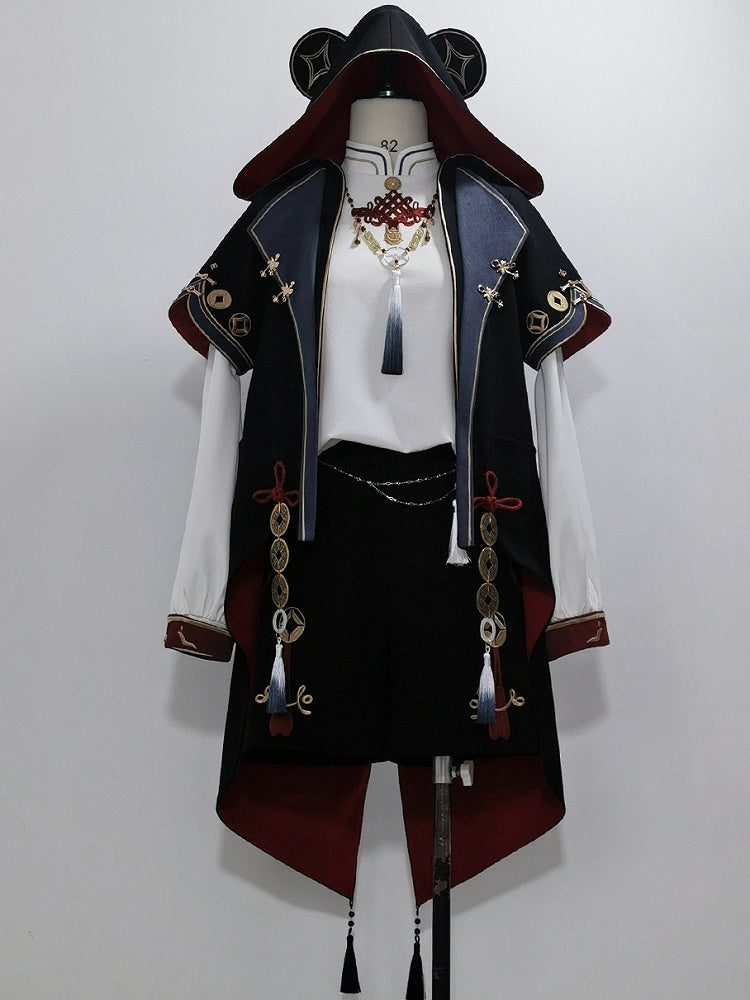 Black Ouji Fashion Chinoiserie Copper Coins Panda Ears Hooded Coat
