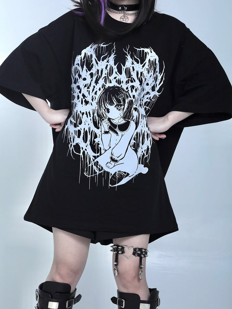T-Shirt Oversized Girl Jirai Print Cartoon Kei Schwarz