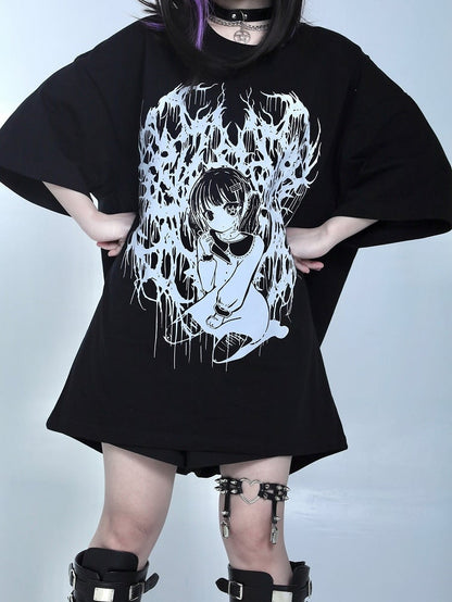 T-Shirt Oversized Girl Jirai Print Cartoon Kei Schwarz
