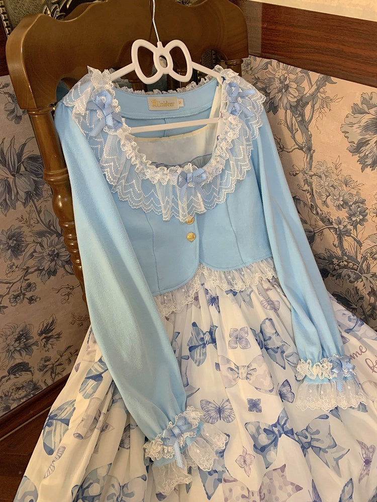 with Cropped Lace Autumn Baby Lolita Blue Cardigan Bow and Accents Trim