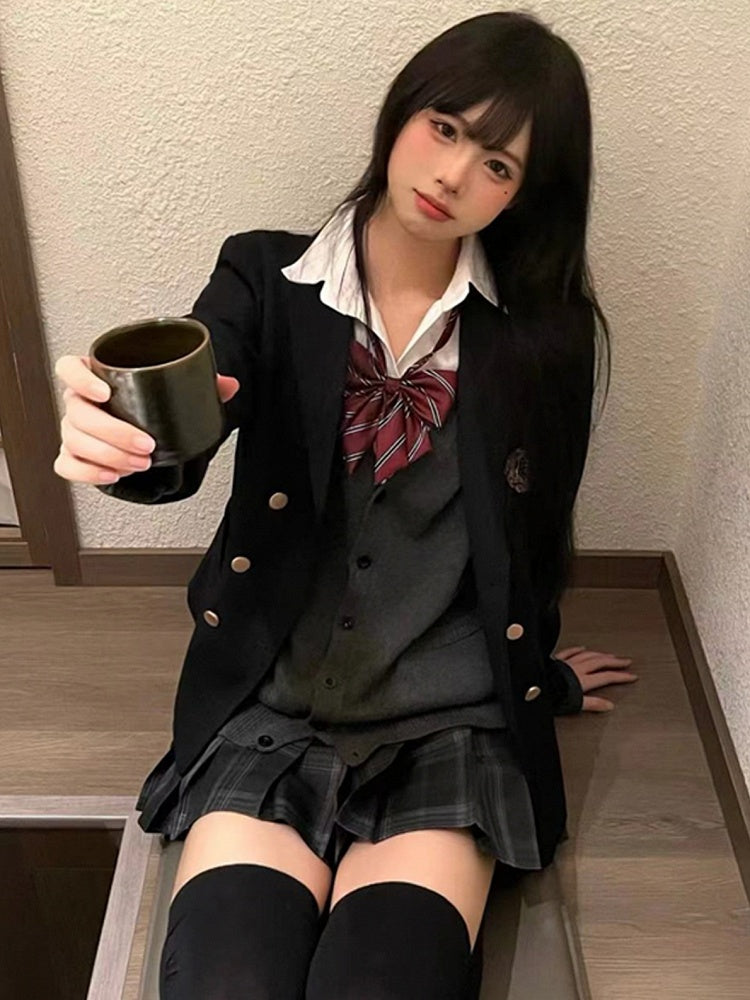 JK Decorated Blazer Blue Preppy Style Badge Uniform Dark