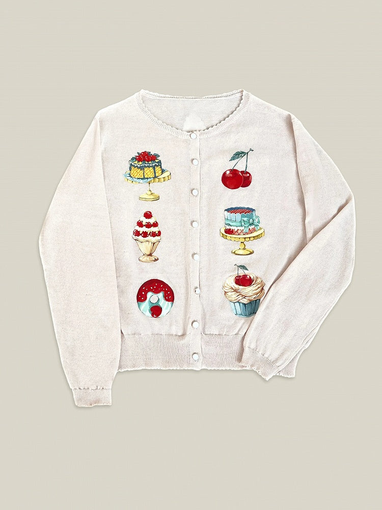 Aprikosenfarbene Strickjacke mit langen Ärmeln und Dessert-Print