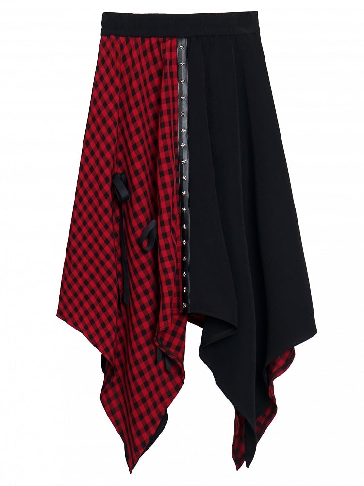 Handkerchief with Red Hem Plaid Y2K Accents and Bowknot Maxi Skirt Black Color-Block