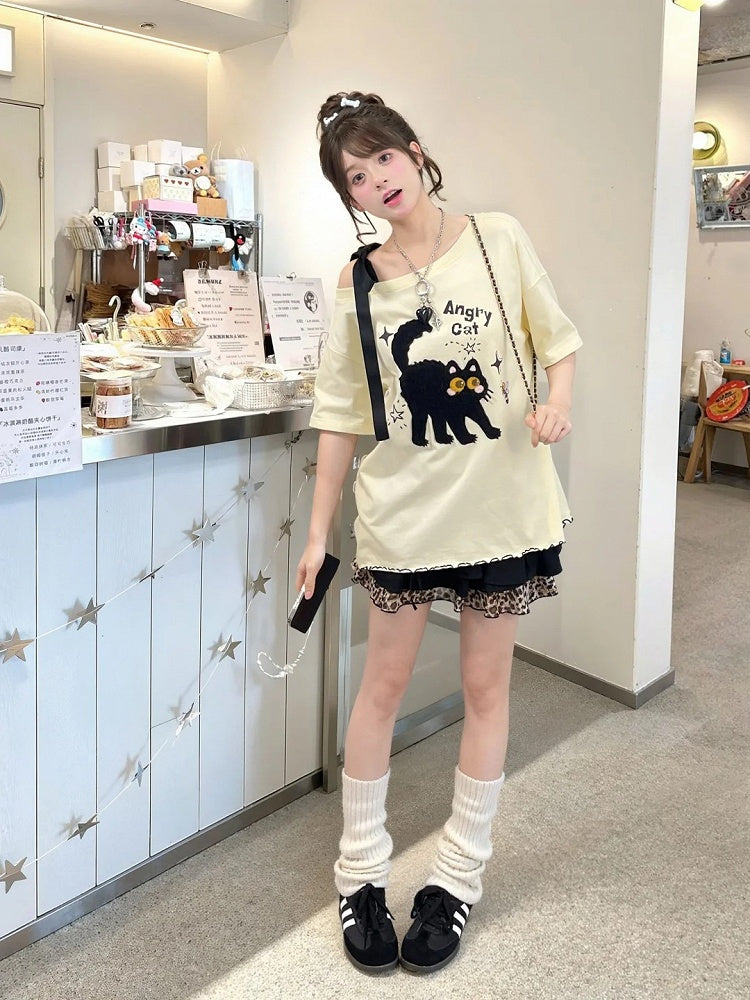 ホワイト/ベージュ 猫柄 レタス裾Tシャツ