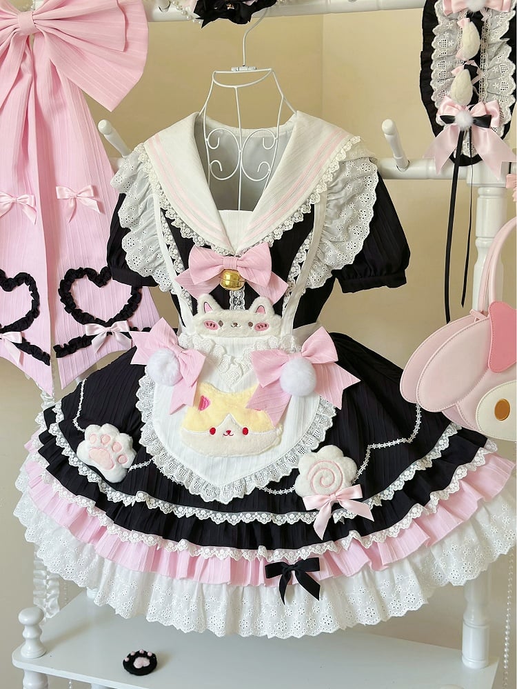 mit Maid Pink Matrosenkragen Schürze Herz Lolita Schwarz und süßem Kleid Kitty