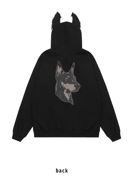 And Applique Puppy Letter Non-fleece Hoodie Black With Print Ears