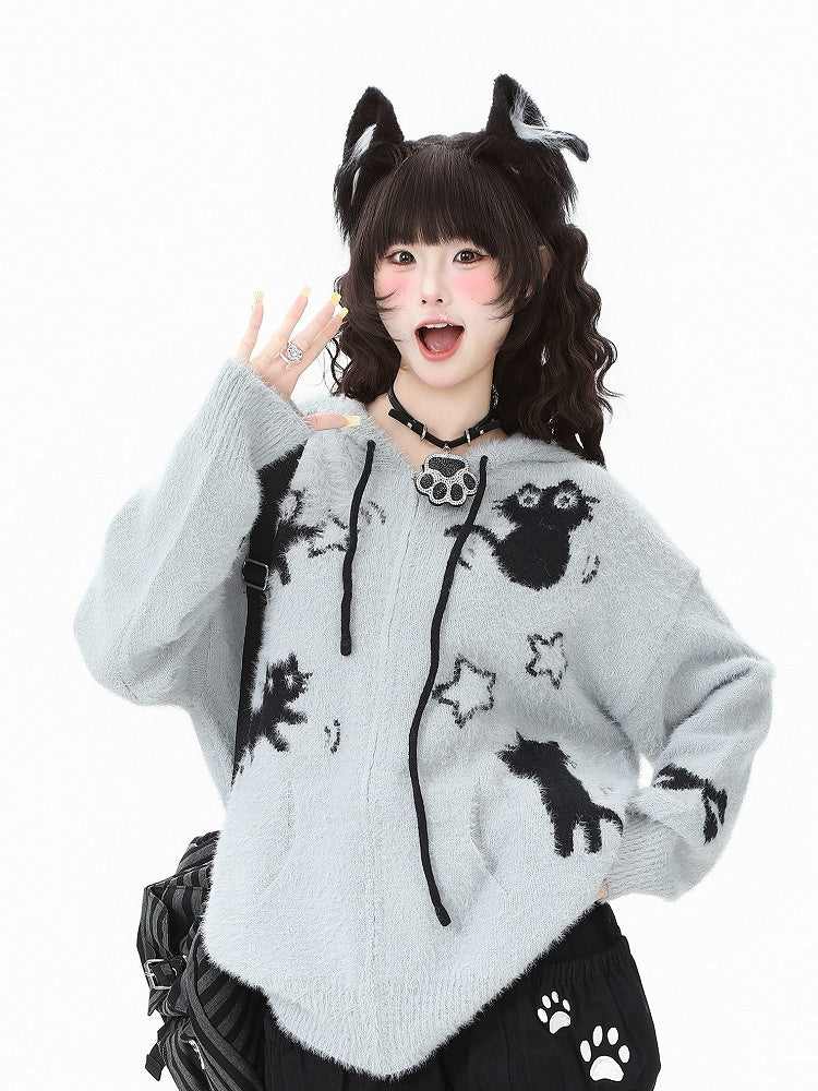 Hooded Kawaii Cat Jacket Patterns Star-shaped Zipper Knit Apricot/Grey Closure - Daily in