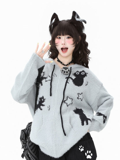 Hooded Kawaii Cat Jacket Patterns Star-shaped Zipper Knit Apricot/Grey Closure - Daily in