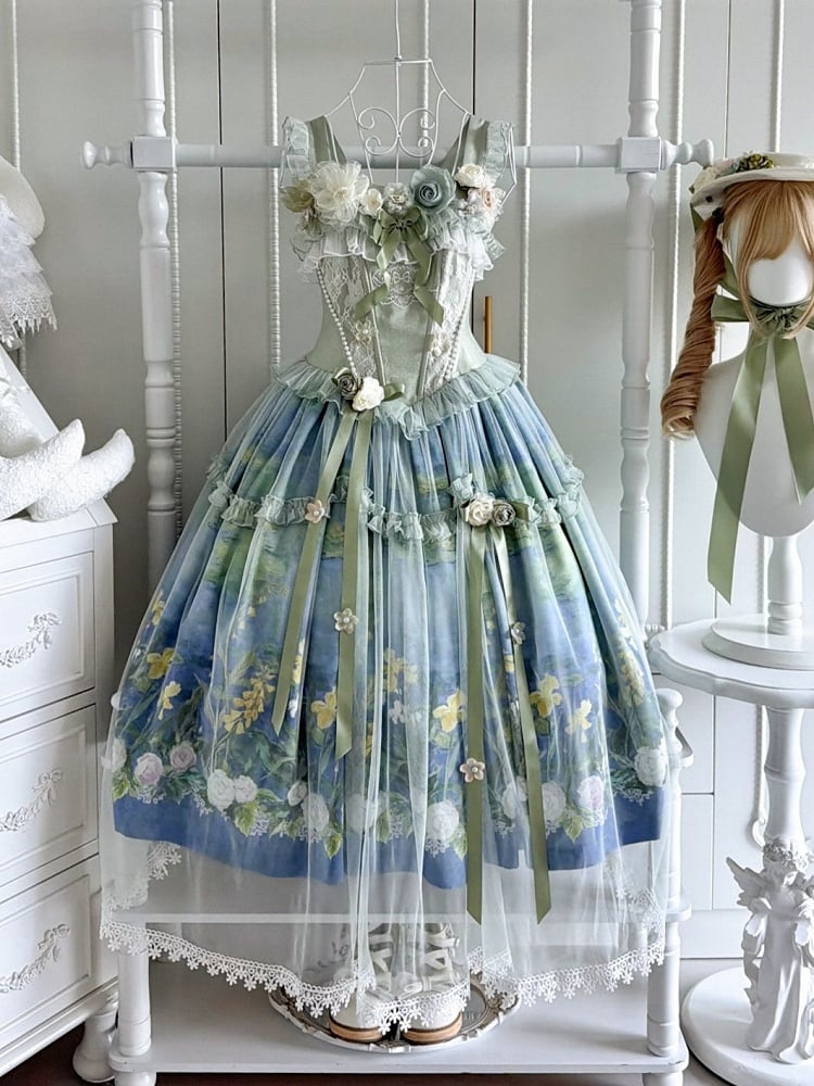 Elegant Green Oil Painting Print Lolita Jumper Skirt Dress with Bustier-Style Boned Bodice - Haw Berry