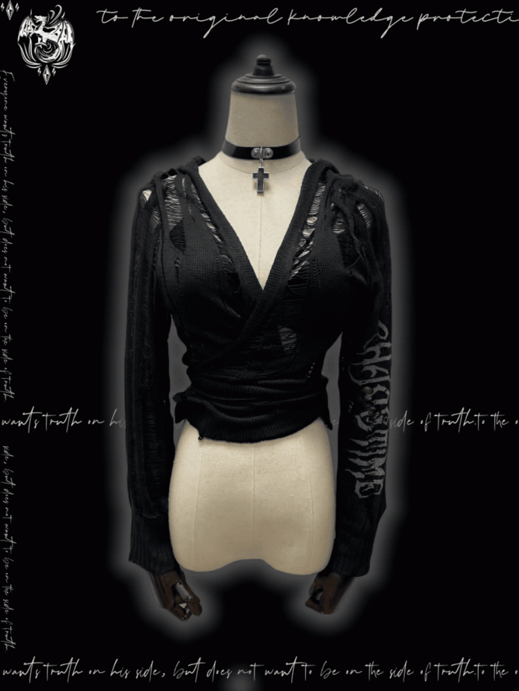 Strap Punk Schwarz Distressed Löcher mit Kapuze Strickjacke Glamouröse Selbst-krawatte