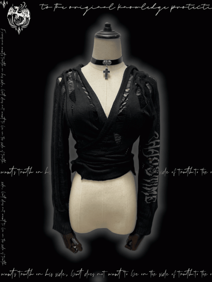 Strap Punk Schwarz Distressed Löcher mit Kapuze Strickjacke Glamouröse Selbst-krawatte