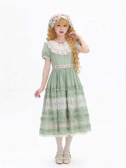 Green Puff Sleeve Lace Trim Elegant Lolita Gown - Pumpkin Planet