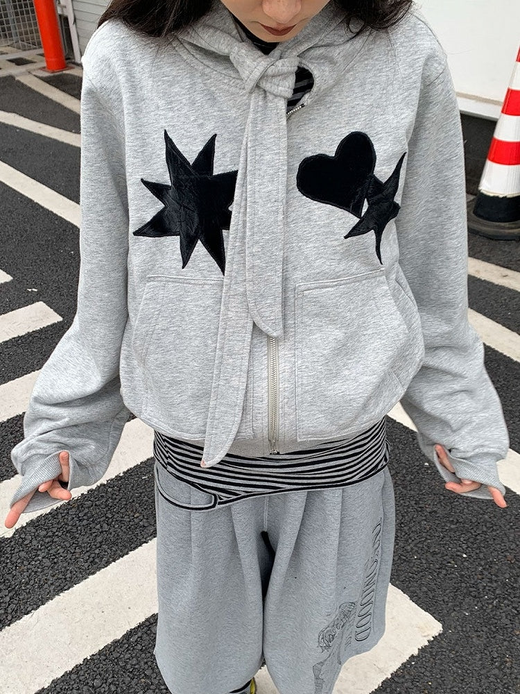 Star Heart Grey Jacket Hooded Patches with