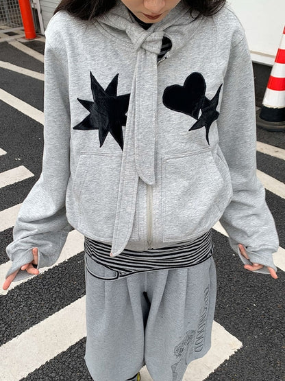 Star Heart Grey Jacket Hooded Patches with