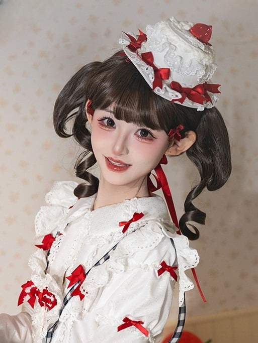 White/Pink/Red/Blue Lace Strawberry Decoration Lolita Cake Mini with Hat and