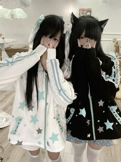 with Sweatshirt Print / Star Zip-Up Black White