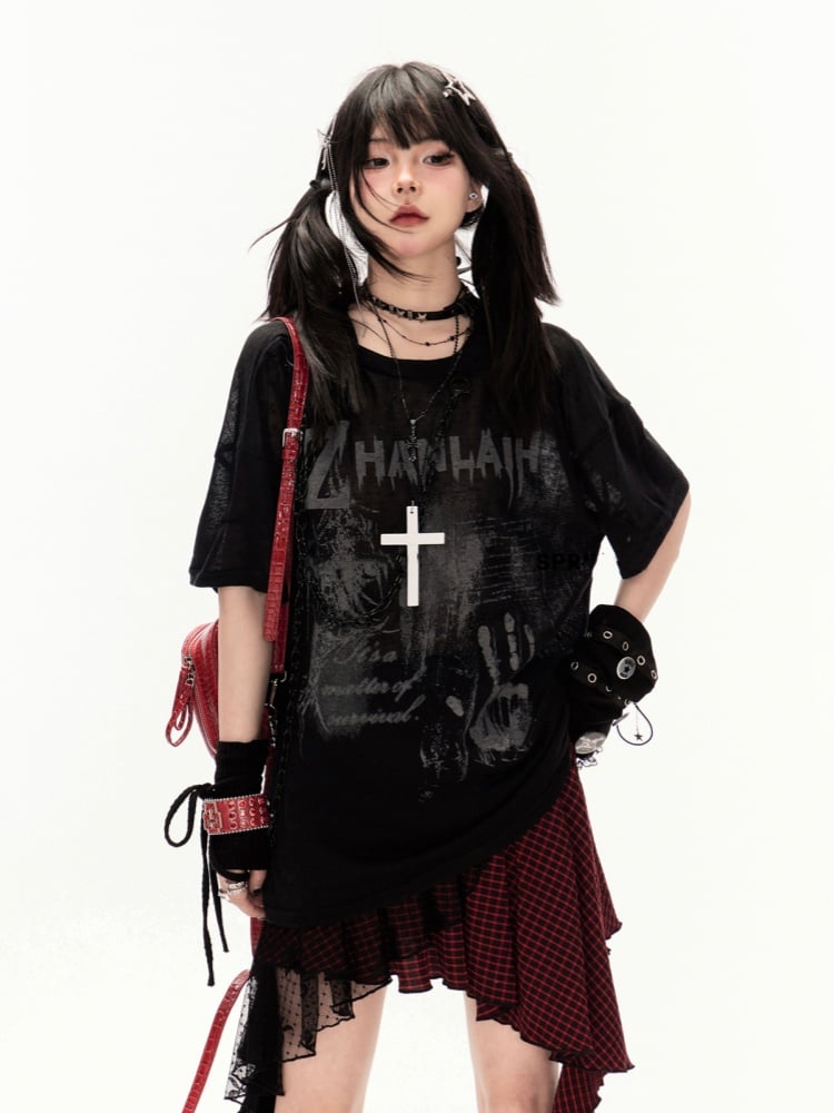 Coverup White/Black Round Neck Punk Print Semi-sheer