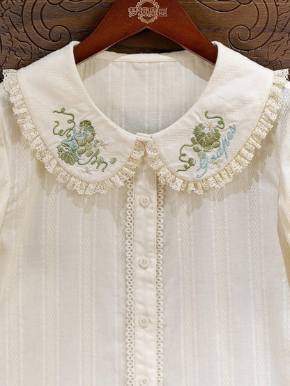 Green Grape Embroidery Collar Cream Short Sleeve Top - Dream Magic Box