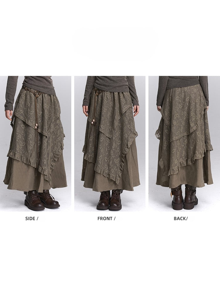 Lace Tiered Elastic Floral Waist Skirt Handkerchief Coffee Hem with
