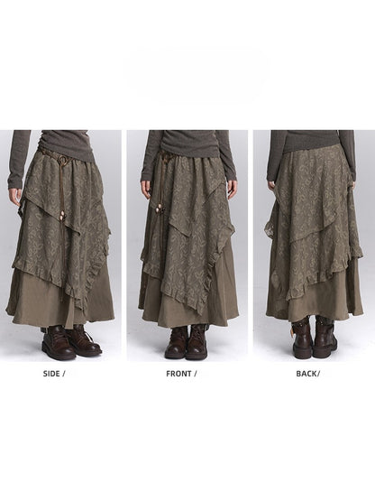 Lace Tiered Elastic Floral Waist Skirt Handkerchief Coffee Hem with