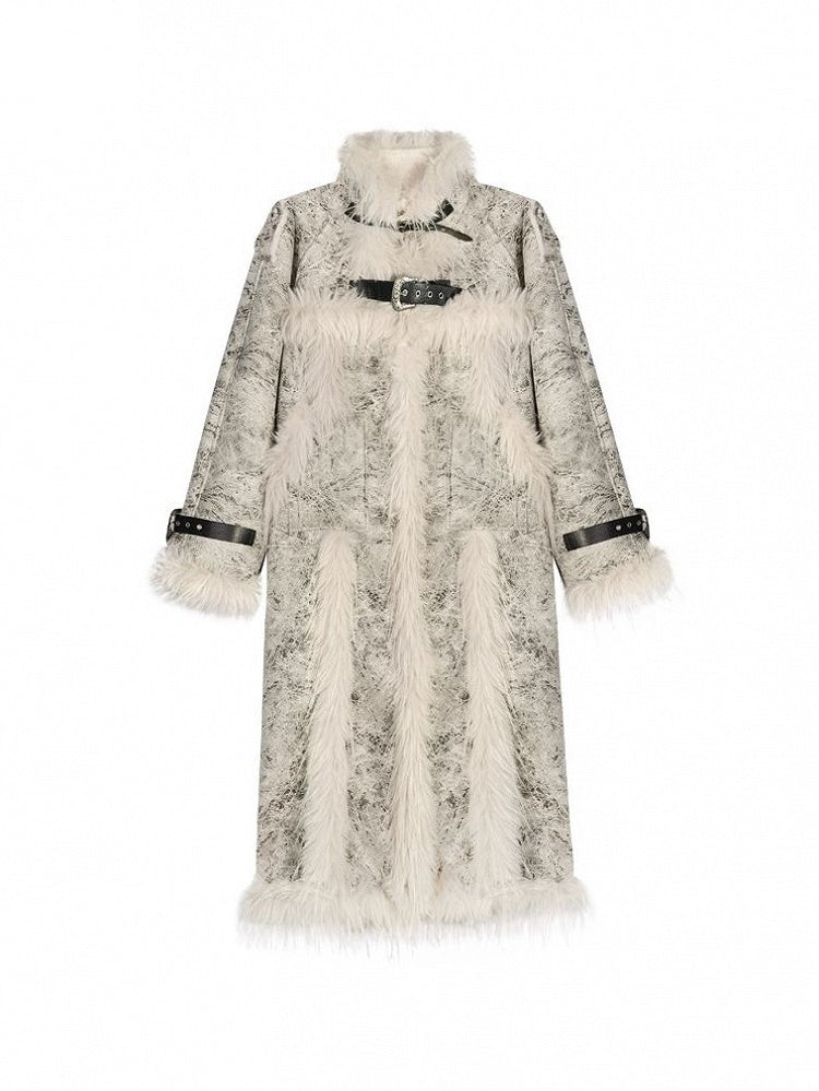 Coat Fur Plush with Straps Adjustable Collar White Mid-Length PU Faux