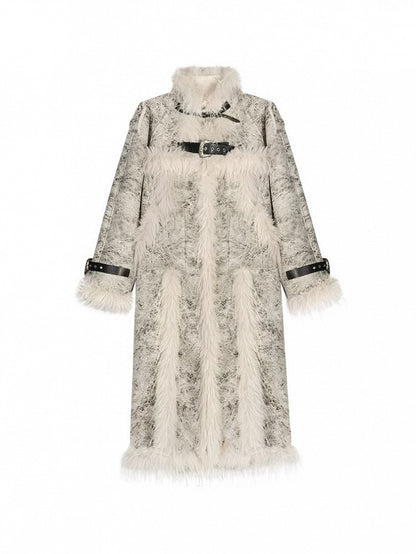 Coat Fur Plush with Straps Adjustable Collar White Mid-Length PU Faux