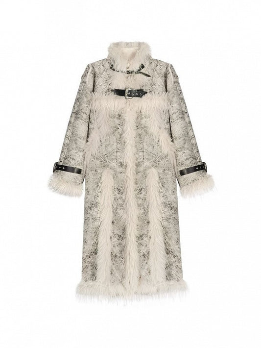 Coat Fur Plush with Straps Adjustable Collar White Mid-Length PU Faux