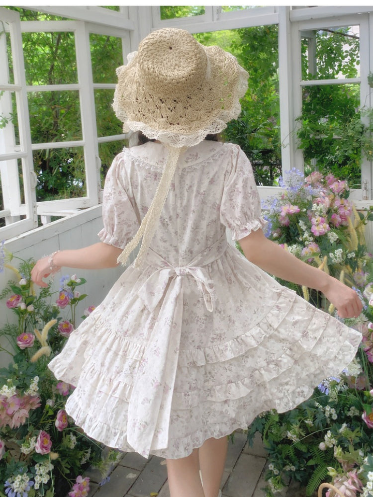 Bow Floral Dress White Peter Pan Collar Self-tie Waist Sweet