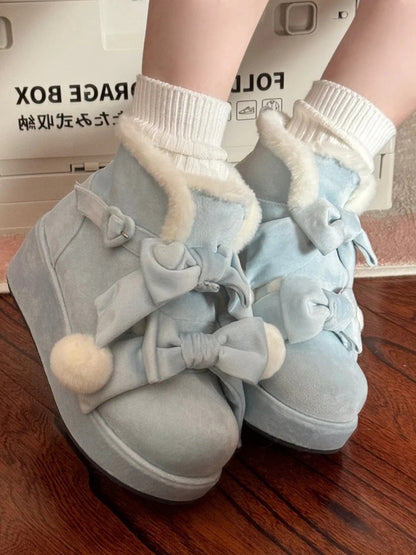 Süße Winter-Lolita mit Details Plateaufutter Herz Fleece Blau Schnalle Stiefel Bowknot