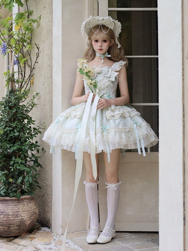 Skirt Accents Light Dress Lolita Jacquard Green Sweet Jumper Fabric Bow