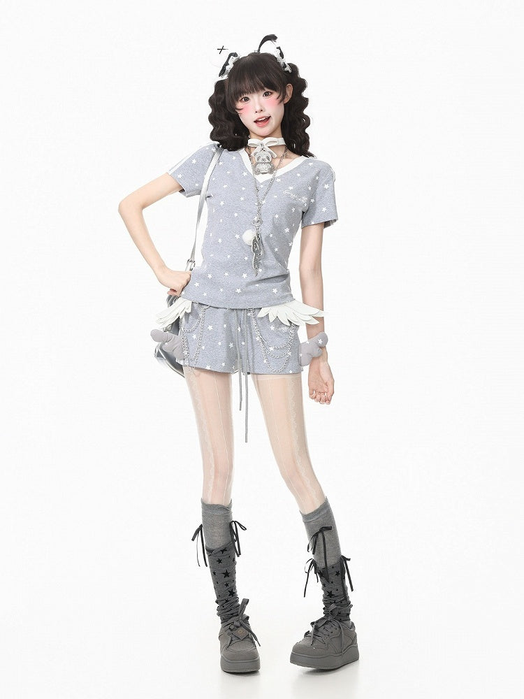 Gray Star Print V-Neck Tee with Wing Back Design - Languid Park