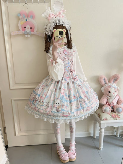 Puppy's Lolita Sweet Print Dress Afternoon with Ribbon Flags Tea