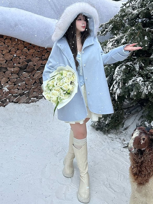 プラスサイズ ライトブルー プラッシュトリム フード付きウールコート