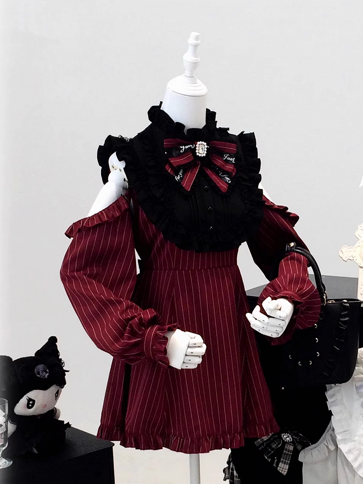 Shorts with Versatile Coord Sleeves Kei Set: Red Wine Striped Modular Matching Jirai Dress
