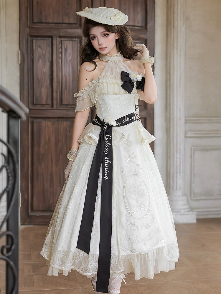 Beige Halter Neck Floral Embroidery Elegant Classic Lolita Dress with Bow - Unknown Star