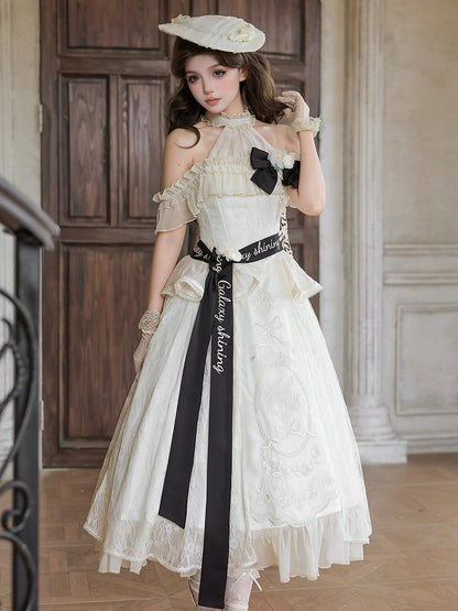 Beige Halter Neck Floral Embroidery Elegant Classic Lolita Dress with Bow - Unknown Star