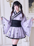 Ärmel überkreuzt und gewickelt, schwarz, Jirai, lila, Gothic mit Aufdruck, Glocken-Stil, Top Kei, Kimono-inspiriert