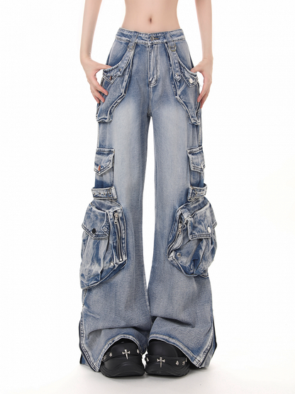 Zip Cuffs and Faded Low Waist Jeans Black/Blue with Punk Flare Cargo Wash