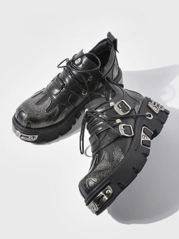 Sole Flame with Platform Triple Metal Plates Punk Closure - Detailing Shoes System Black