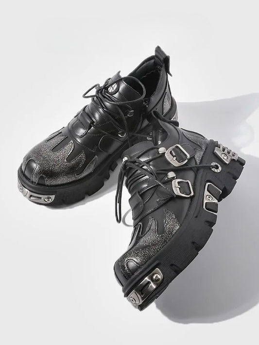 Sole Flame with Platform Triple Metal Plates Punk Closure - Detailing Shoes System Black