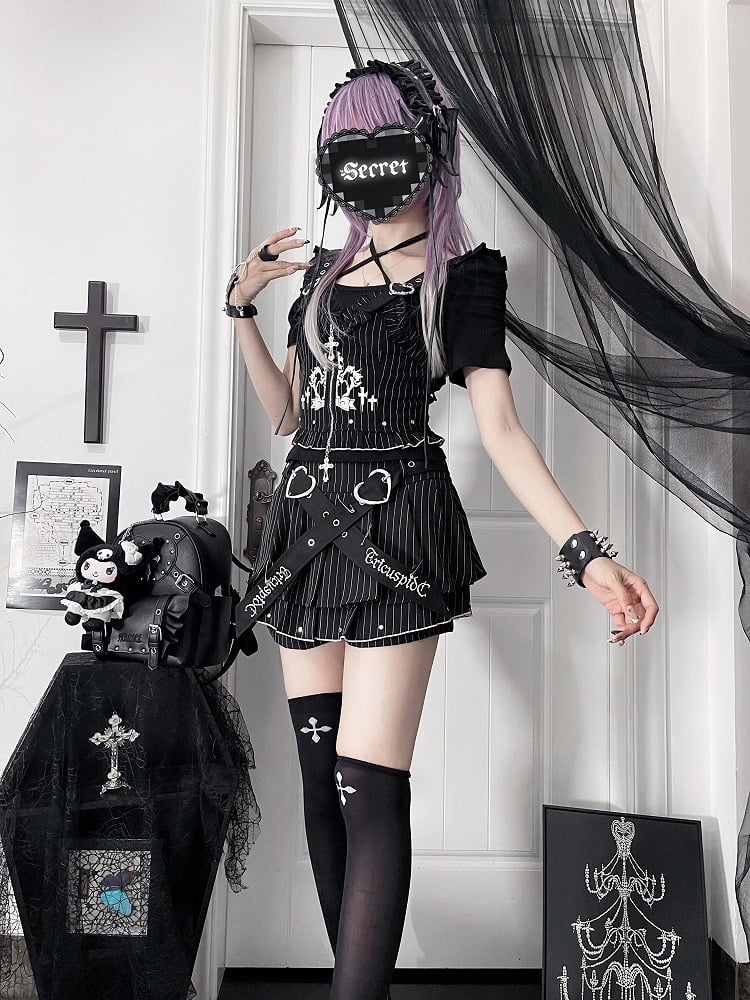 Vest Buckle Cross Gothic White Ruffled Zipper Straps Black with Striped Heart