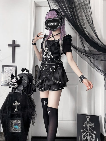 Vest Buckle Cross Gothic White Ruffled Zipper Straps Black with Striped Heart