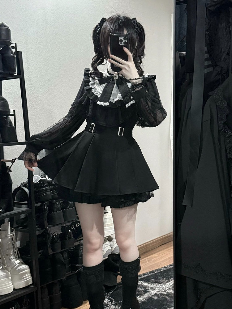 Black Cape Design Long Sleeve Dress with Lace and Shorts Set - Faded Dolls