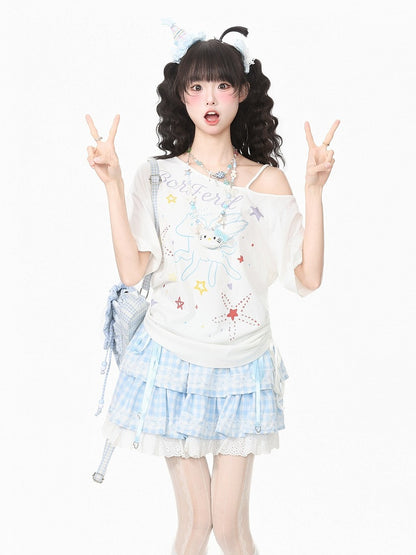 White Pegasus Print Asymmetric Shoulder T-Shirt with Rhinestone Details - Languid Park