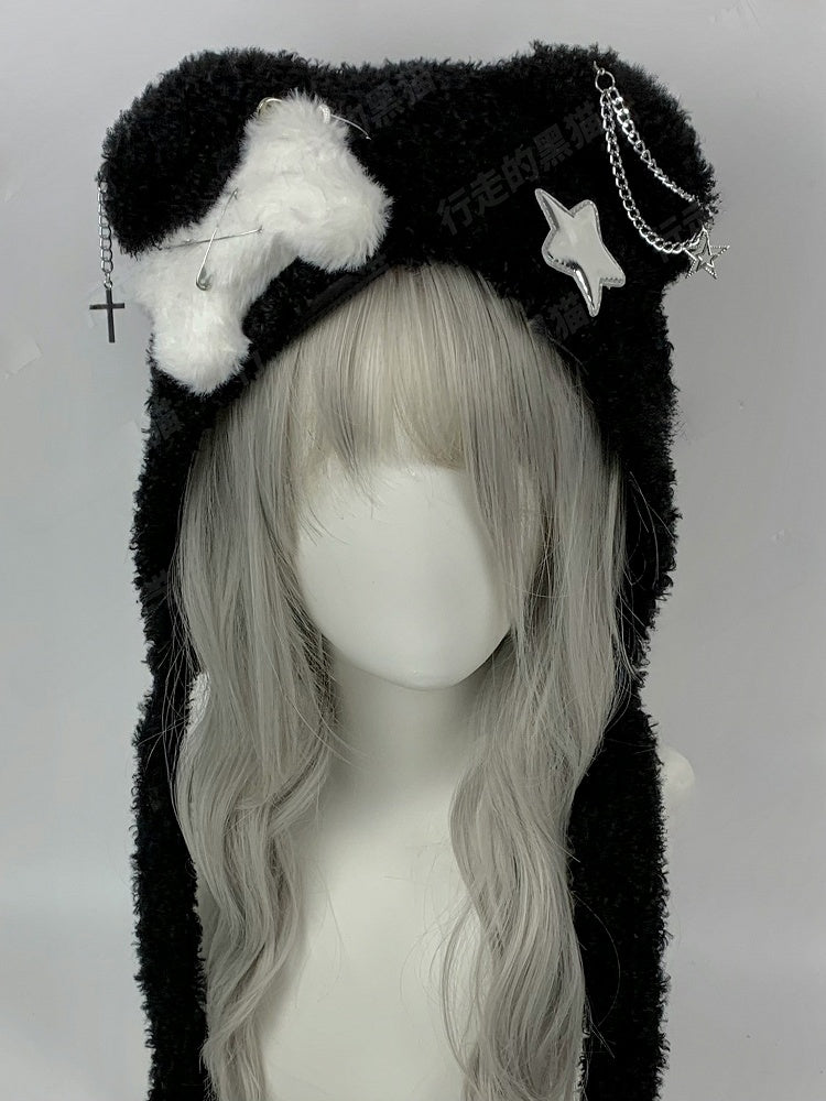 Black/White Cross Pins Wings Bear Ear Plush Hat