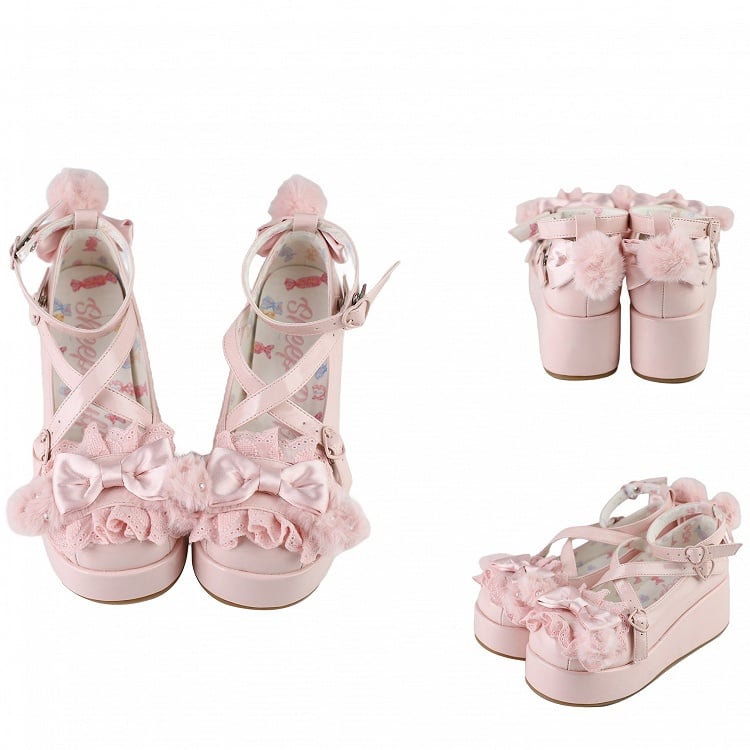 Plateauschuhe mit Plüschschleife und verzierten Pompon-Ohren, kreuz und quer verlaufendes rosa Häschen-Top-Design