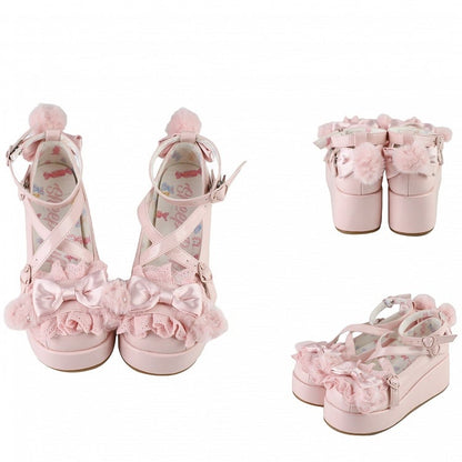 Plush Bow Platforms With at Decorated Pompon Ear Crisscross Pink Bunny Top Design
